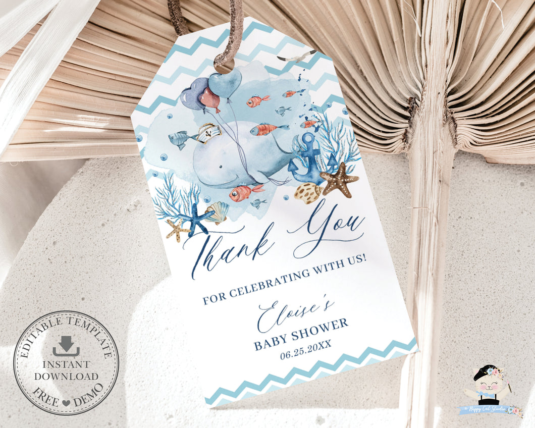 Whale Nautical Thank You Favor Gift Tags Printable, EDITABLE TEMPLATE, Chic Blue Under the Sea Anchor Boy Baby Shower 1st Birthday Party WH2