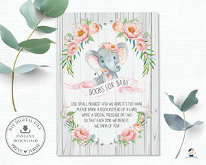 Rustic Pink Floral Elephant Baby Shower Bring a Book Instead of a Card - Instant Download - EP4
