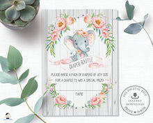 Load image into Gallery viewer, Rustic Pink Floral Elephant Baby Shower Diaper Raffle Card - Instant Download - EP4