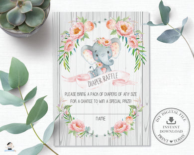 Rustic Pink Floral Elephant Baby Shower Diaper Raffle Card - Instant Download - EP4