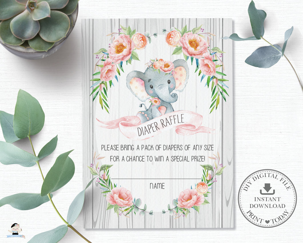 Rustic Pink Floral Elephant Baby Shower Diaper Raffle Card - Instant Download - EP4