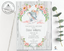 Load image into Gallery viewer, Rustic Elephant Blush Pink Floral Baby Shower Boy Invitation Editable Template - Instant Download - Digital Printable File - EP4
