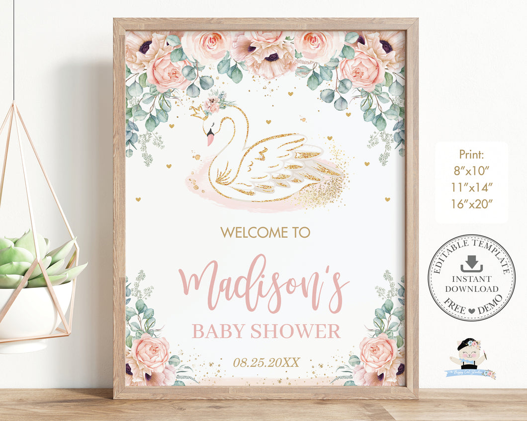 Chic Swan Princess Blush Floral Baby Shower Birthday Welcome Sign Decor Editable Template - Digital Printable Files - Instant Download - SW2