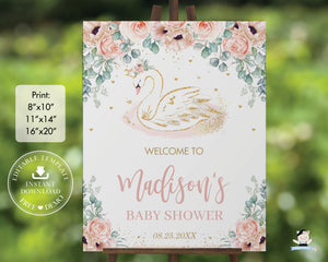Chic Swan Princess Blush Floral Baby Shower Birthday Welcome Sign Decor Editable Template - Digital Printable Files - Instant Download - SW2