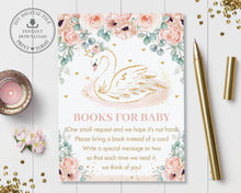 Load image into Gallery viewer, Chic Blush Pink Floral Swan Princess Books for Baby Card, Poppy Rose Baby Girl Shower Bring a Book Insert, Diy Pdf INSTANT Download, SW2