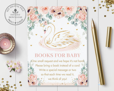 Chic Blush Pink Floral Swan Princess Books for Baby Card, Poppy Rose Baby Girl Shower Bring a Book Insert, Diy Pdf INSTANT Download, SW2