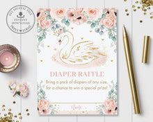 Load image into Gallery viewer, Chic Blush Pink Floral Swan Princess Diaper Raffle Card, Elegant Poppy Rose Baby Girl Shower Insert Ticket, Diy Pdf INSTANT Download, SW2