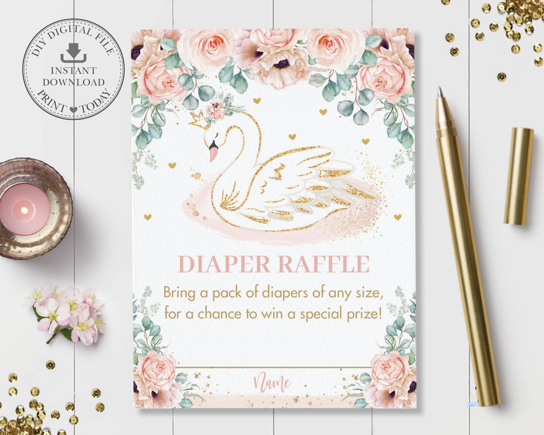 Chic Blush Pink Floral Swan Princess Diaper Raffle Card, Elegant Poppy Rose Baby Girl Shower Insert Ticket, Diy Pdf INSTANT Download, SW2