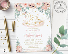 Load image into Gallery viewer, Swan Princess Blush Floral Greenery Baby Shower Invitation Editable Template - Instant Download Digital Printable File - SW2