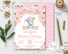 Load image into Gallery viewer, EDITABLE TEMPLATE Elephant Baby Shower Invitation, Printable Elephant, Baby Girl, Pink Floral, Chic Blush Rose Flowers Glitter Gold, EP5