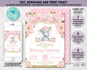 EDITABLE TEMPLATE Elephant Baby Shower Invitation, Printable Elephant, Baby Girl, Pink Floral, Chic Blush Rose Flowers Glitter Gold, EP5