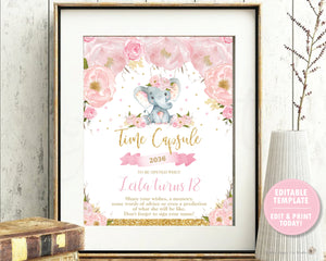 Elephant Blush Pink Floral Time Capsule Sign and Message Cards - Editable Template - Instant Download Digital Printable File - EP5
