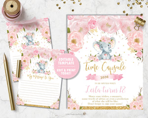 Elephant Blush Pink Floral Time Capsule Sign and Message Cards - Editable Template - Instant Download Digital Printable File - EP5