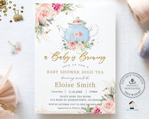 Elegant Blush Floral High Tea A Baby is Brewing Baby Shower Invitation, EDITABLE TEMPLATE, Victorian Tea Party Roses Flowers Invite Printable, INSTANT DOWNLOAD, TP5
