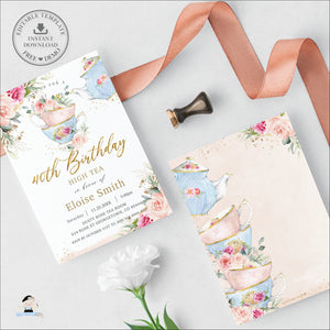 Elegant Blush Floral High Tea Birthday Invitation Any Age, EDITABLE TEMPLATE, Victorian Tea Party Roses Flowers Invite Printable, INSTANT DOWNLOAD, TP5