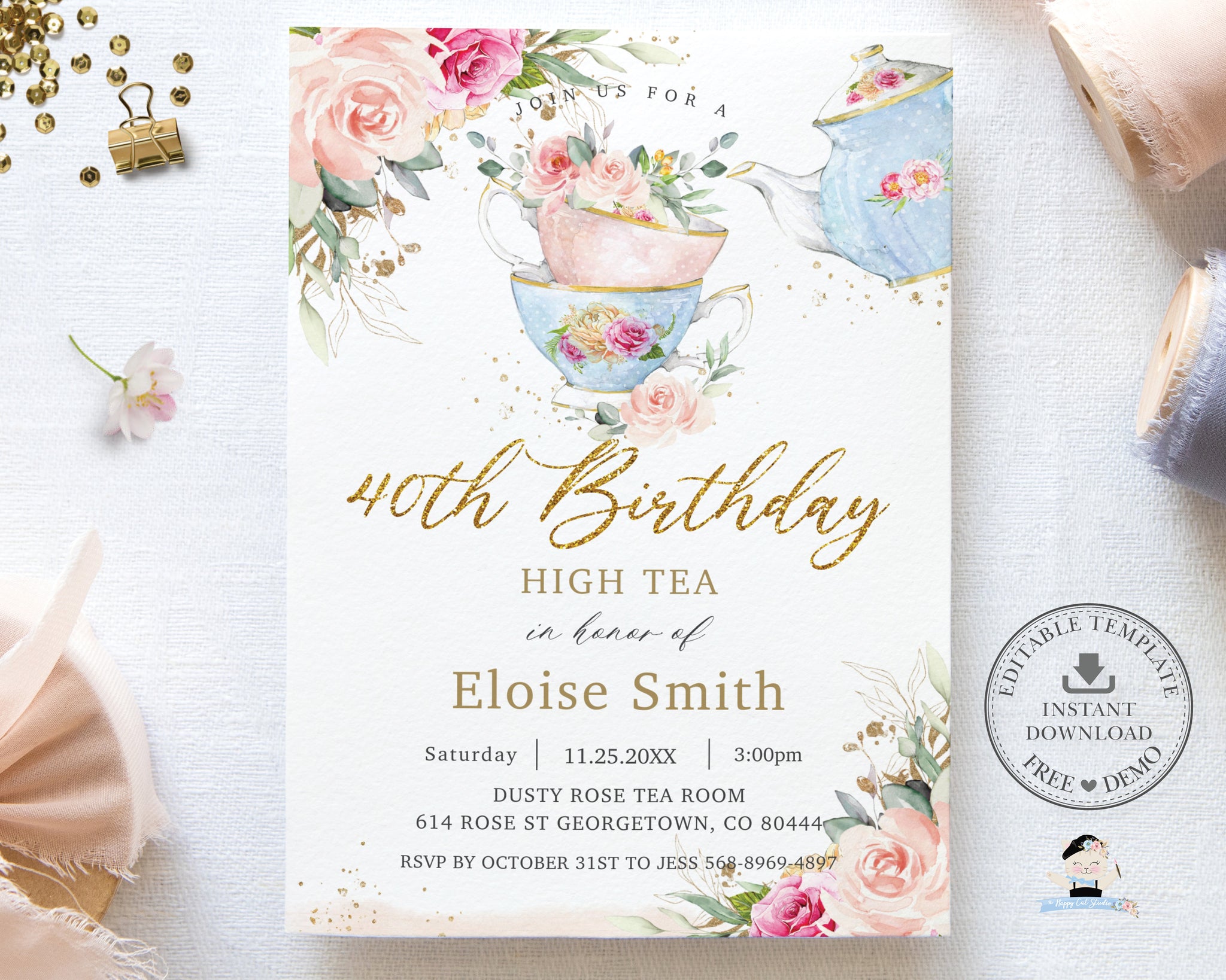 High Tea Invitation Printable Teapot Flower Bride Tea Pink Invitation