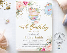 Load image into Gallery viewer, Elegant Blush Floral High Tea Birthday Invitation Any Age, EDITABLE TEMPLATE, Victorian Tea Party Roses Flowers Invite Printable, INSTANT DOWNLOAD, TP5