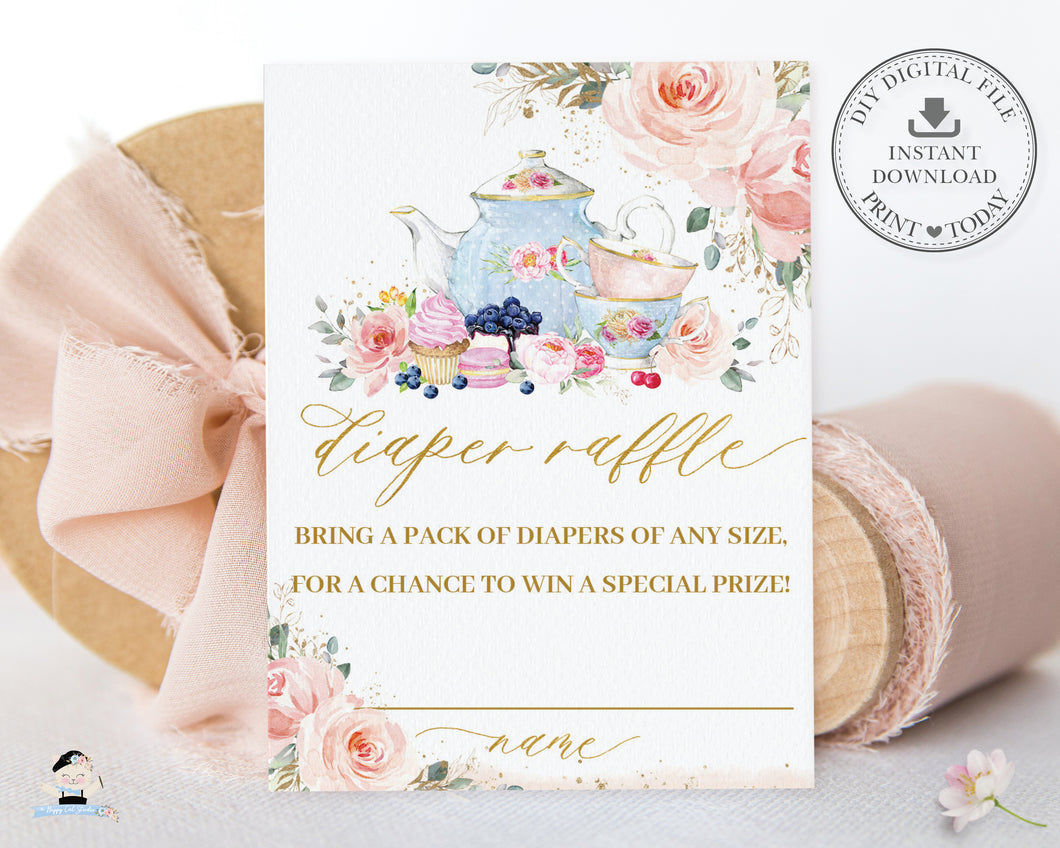 Chic Blush Pink Floral Tea Party Baby Shower Diaper Raffle Card - Digital Printable File - Instant Download - TP5