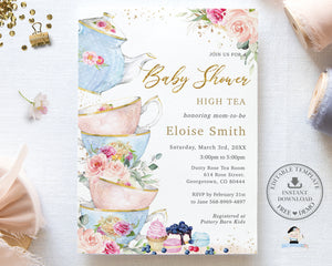 Chic Blush Pink Floral High Tea Party Baby Shower Invitation, EDITABLE TEMPLATE, Victorian Roses Flowers Tea Cups Printable Pdf, INSTANT DOWNLOAD, TP5