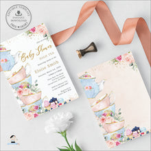 Load image into Gallery viewer, Chic Blush Pink Floral High Tea Party Baby Shower Invitation, EDITABLE TEMPLATE, Victorian Roses Flowers Tea Cups Printable Pdf, INSTANT DOWNLOAD, TP5