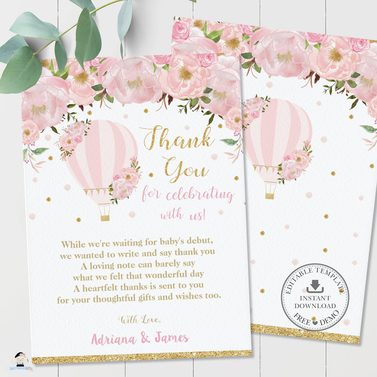 Chic Blush Pink Floral Hot Air Balloon Thank You Card Editable Templat ...