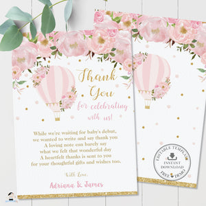 Chic Blush Pink Floral Hot Air Balloon Thank You Card Editable Template - Digital Printable File - Instant Download - HB2