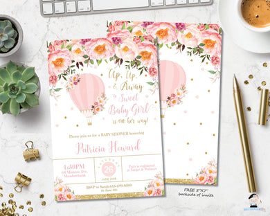 Blush Pink Floral Hot Air Balloon Baby Girl Shower Invitation - Instant EDITABLE TEMPLATE - HB3