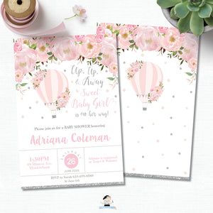 Blush Floral Hot Air Balloon Baby Girl Shower Invitation Silver Glitter - Instant EDITABLE TEMPLATE - HB2