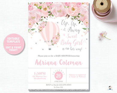 Blush Floral Hot Air Balloon Baby Girl Shower Invitation Silver Glitter - Instant EDITABLE TEMPLATE - HB2