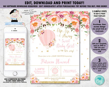 Load image into Gallery viewer, Blush Pink Floral Hot Air Balloon Baby Girl Shower Invitation - Instant EDITABLE TEMPLATE - HB3