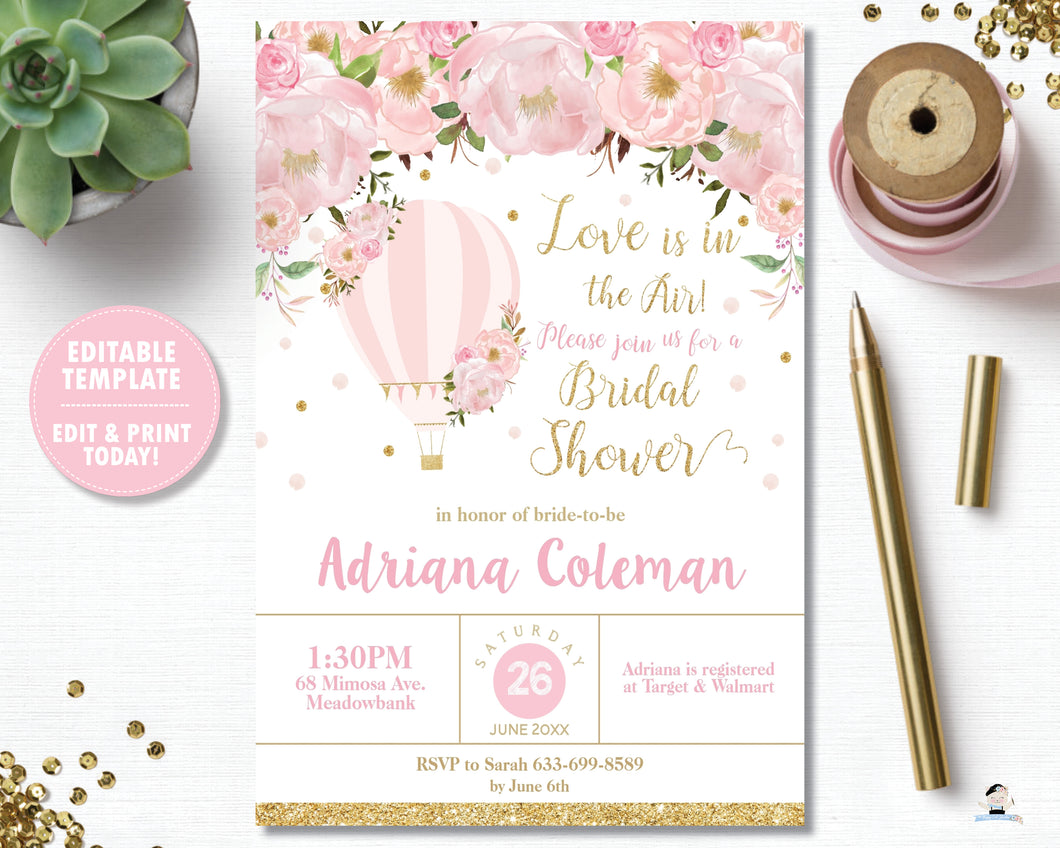 Blush Floral Hot Air Balloon Bridal Shower Invitation - Instant EDITABLE TEMPLATE - HB2