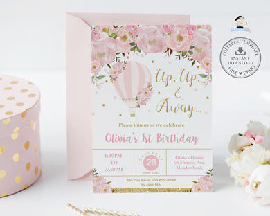 Chic Blush Pink Floral Hot Air Balloon Birthday Invitation Editable Template - Digital Printable File - Instant Download - HB2