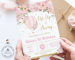 Chic Blush Pink Floral Hot Air Balloon Birthday Invitation Editable Template - Digital Printable File - Instant Download - HB2