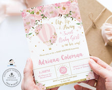 Load image into Gallery viewer, Blush Floral Hot Air Balloon Baby Girl Shower Invitation - Instant EDITABLE TEMPLATE - HB2