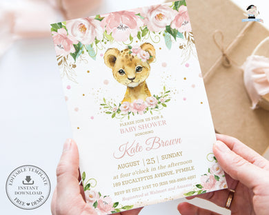 Sweet Lion Cub Blush Pink Floral Baby Shower Invitation Editable Template - Digital Printable File - Instant Download - LN2