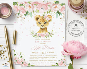Sweet Lion Cub Blush Pink Floral Baby Shower Invitation Editable Template - Digital Printable File - Instant Download - LN2
