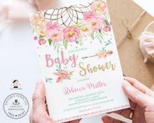 Load image into Gallery viewer, Boho Pink Floral Dreamcatcher Baby Shower Girl Invitation Editable Template - Digital Printable File - Instant Download - BF1
