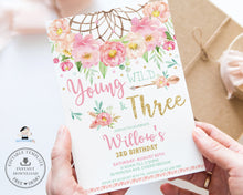 Load image into Gallery viewer, Boho Pink Floral Dreamcatcher Young Wild and Three 3rd Birthday Invitation Editable Template - Digital Printable File - Instant Download - BF1