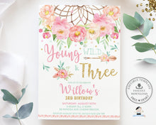Load image into Gallery viewer, Boho Pink Floral Dreamcatcher Young Wild and Three 3rd Birthday Invitation Editable Template - Digital Printable File - Instant Download - BF1