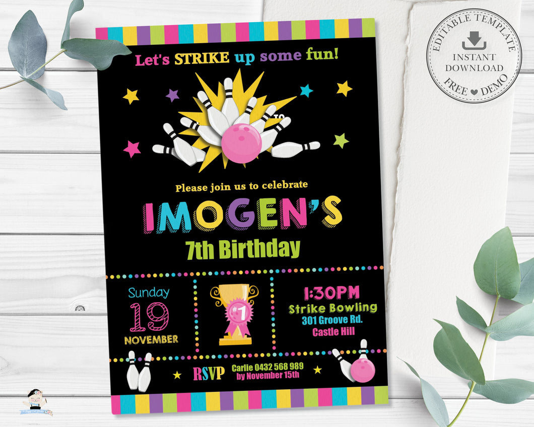 Bowling Birthday Party Girl Invitation Editable Template - Instant Download Digital Printable File - BW1
