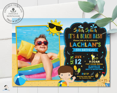 Boy Beach Bash Pool Party Birthday Invitation Editable Template - Instant Download - Digital Printable File - PL1