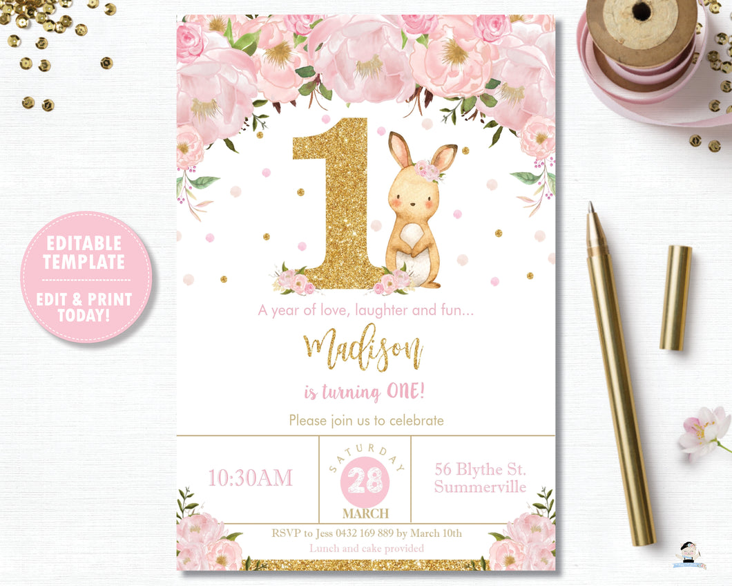 Pink Floral Bunny Rabbit 1st Birthday Party Personalized Invitation Editable Template - Instant Download - Digital Printable File CB6