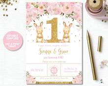 Load image into Gallery viewer, Twin Girls Bunny 1st Birthday Party Personalized Invitation Editable Template - Instant Download - Digital Printable File  CB6