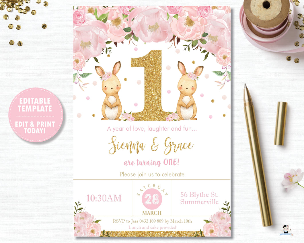 Twin Girls Bunny 1st Birthday Party Personalized Invitation Editable Template - Instant Download - Digital Printable File  CB6