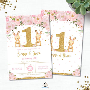 Twin Girls Bunny 1st Birthday Party Personalized Invitation Editable Template - Instant Download - Digital Printable File  CB6