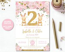 Load image into Gallery viewer, Twin Girls Bunny 2nd Birthday Party Personalized Invitation Editable Template - Instant Download - Digital Printable File  CB6