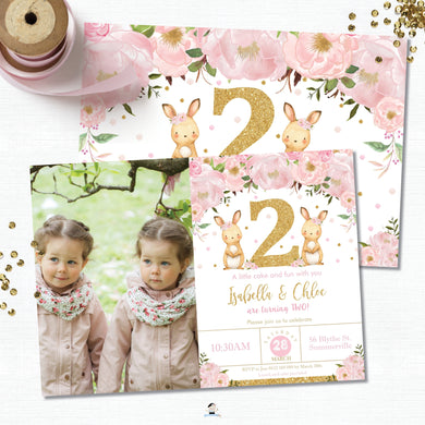 Twin Girls Bunny 2nd Birthday Party Personalized Photo Invitation Editable Template - Instant Download - Digital Printable File  CB6