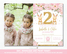 Load image into Gallery viewer, Twin Girls Bunny 2nd Birthday Party Personalized Photo Invitation Editable Template - Instant Download - Digital Printable File  CB6