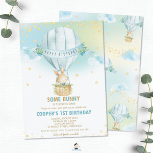 Cute Bunny Hot Air Balloon Blue Personalized Birthday Invitation Editable Template Instant Download HB6