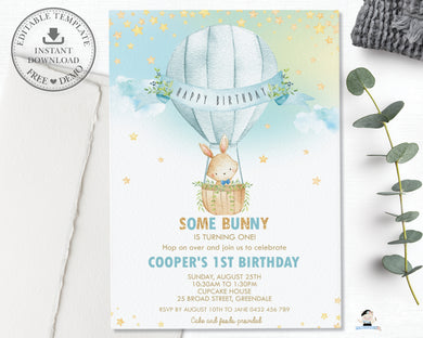Cute Bunny Hot Air Balloon Blue Personalized Birthday Invitation Editable Template Instant Download HB6